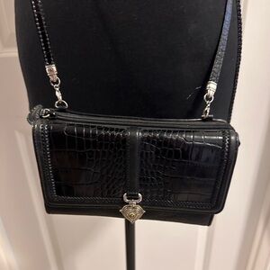 Brighton ❤️ Genuine Leather Crossbody Wallet Black Croc Gold/Silver Heart Charm